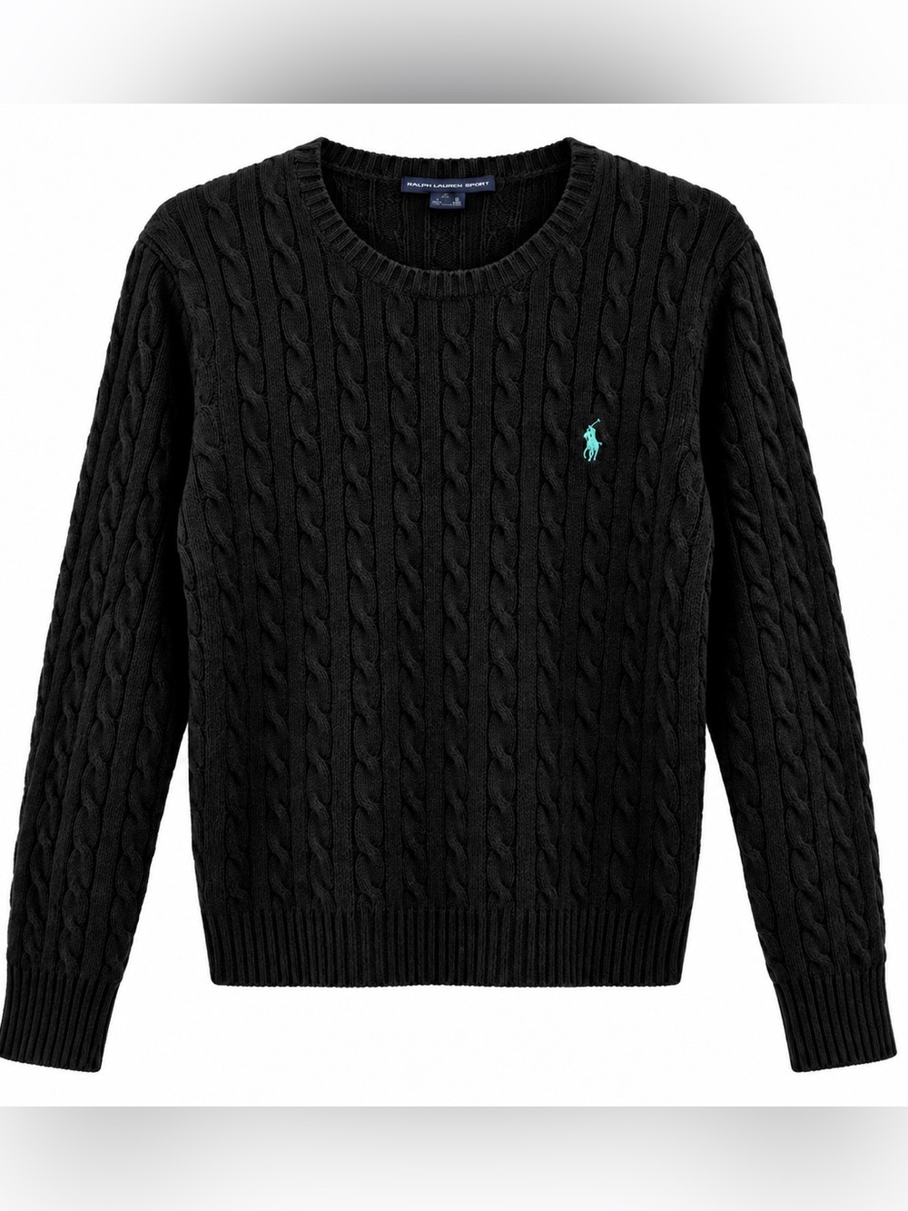 Vintage Ralph Lauren Sport Black Lambswool Cable Knit Sweater XL Turquoise Pony